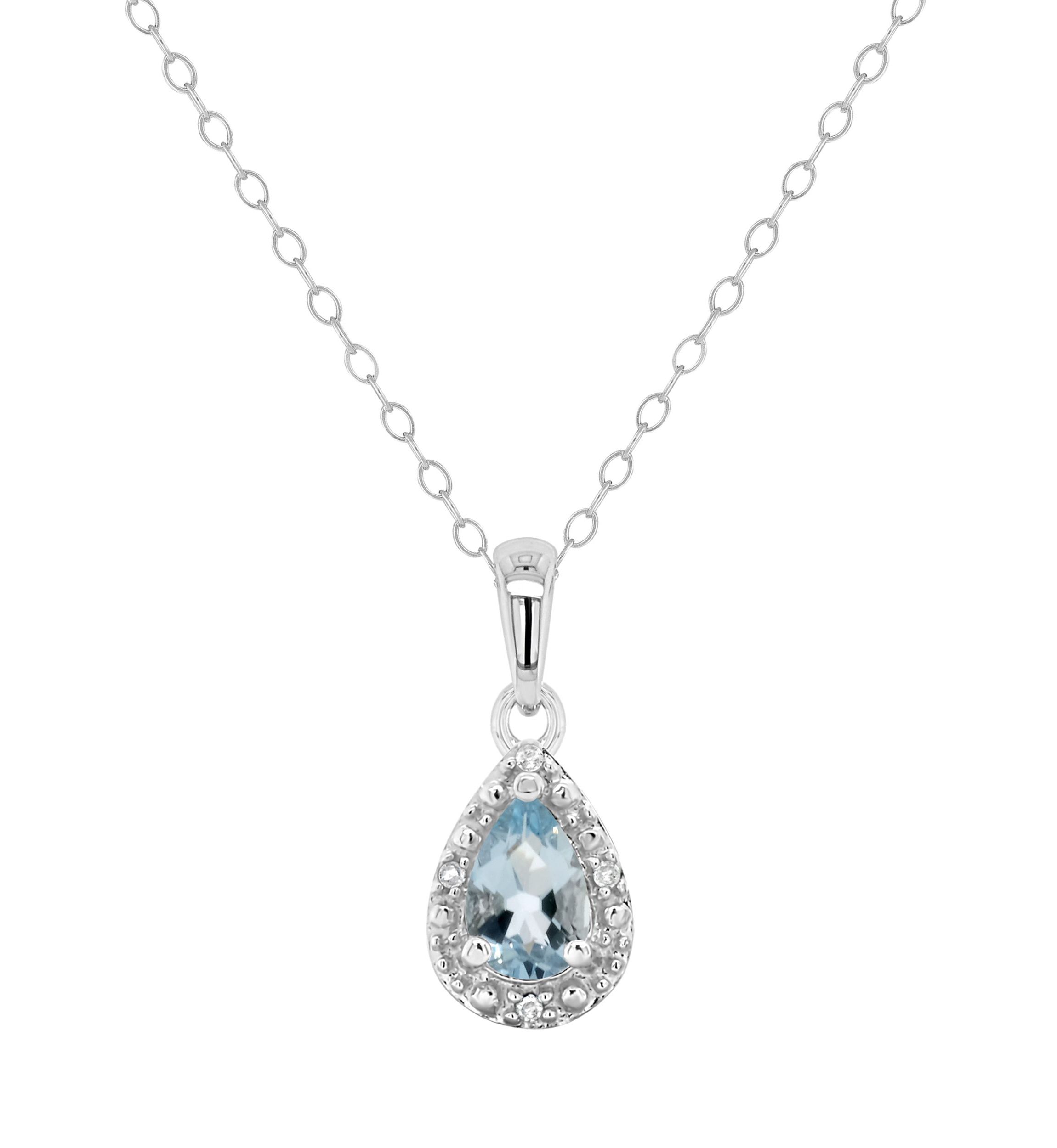 Sterling Silver 6x4mm Pear Shaped Aquamarine Diamond Accent Halo Pendant Necklace