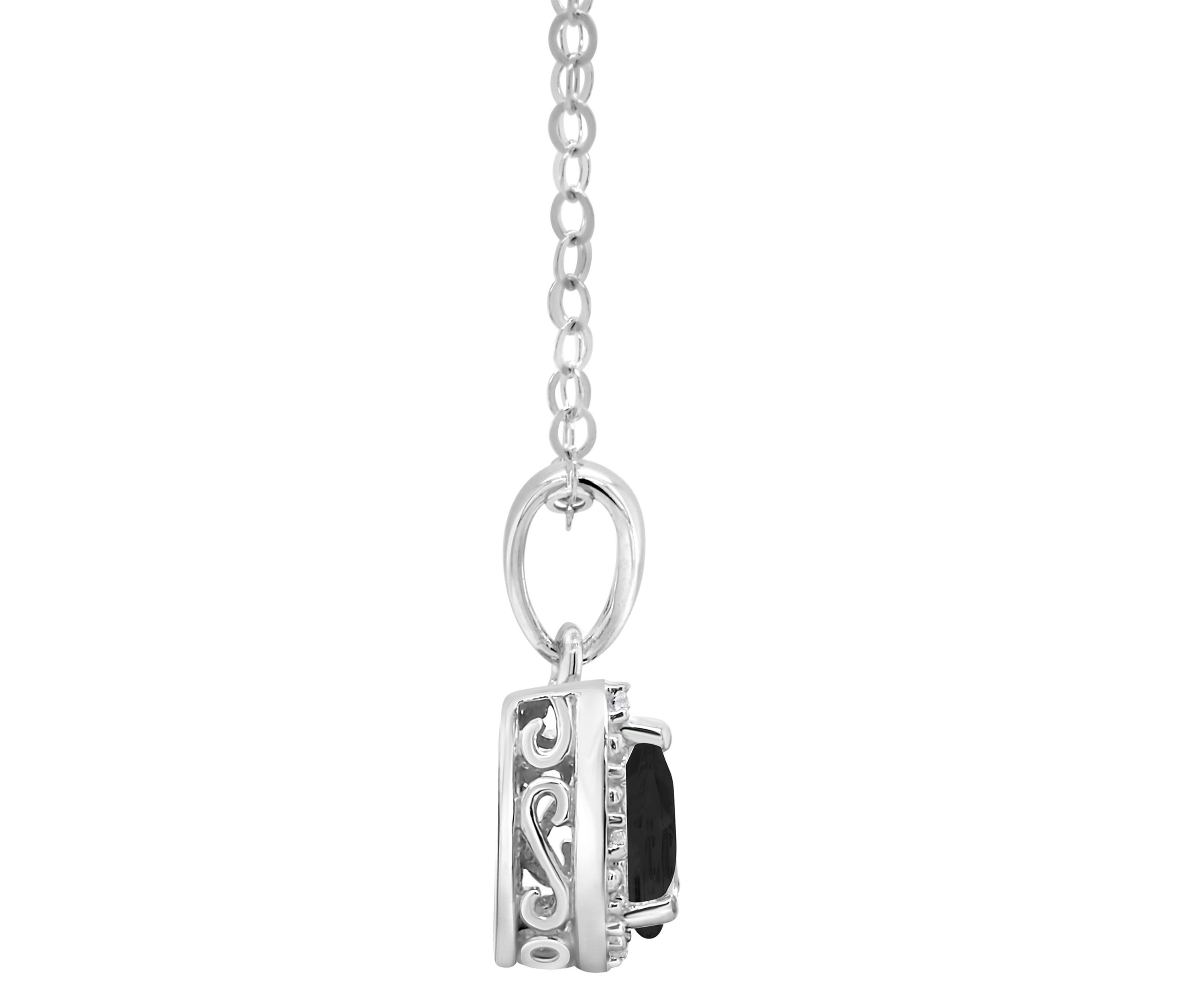 Sterling Silver 6x4mm Pear Shaped Black Agate Diamond Accent Halo Pendant Necklace