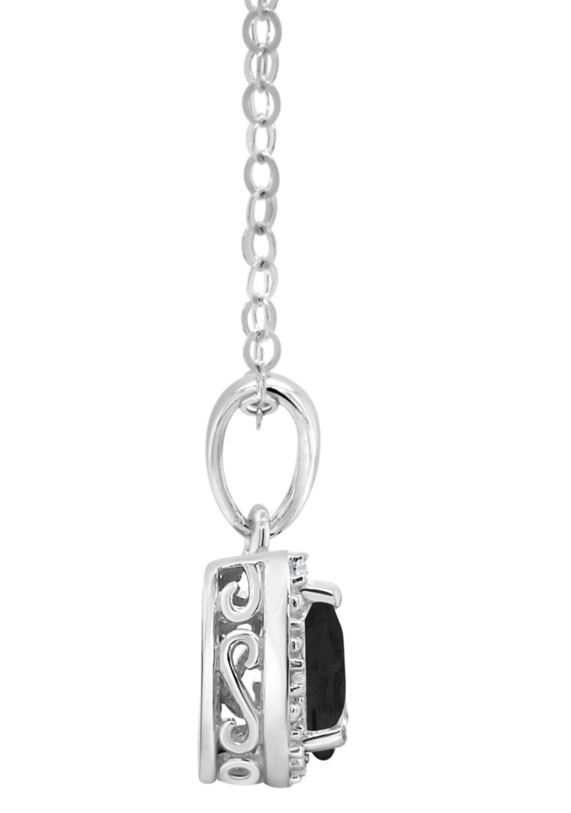 Sterling Silver 6x4mm Pear Shaped Black Agate Diamond Accent Halo Pendant Necklace