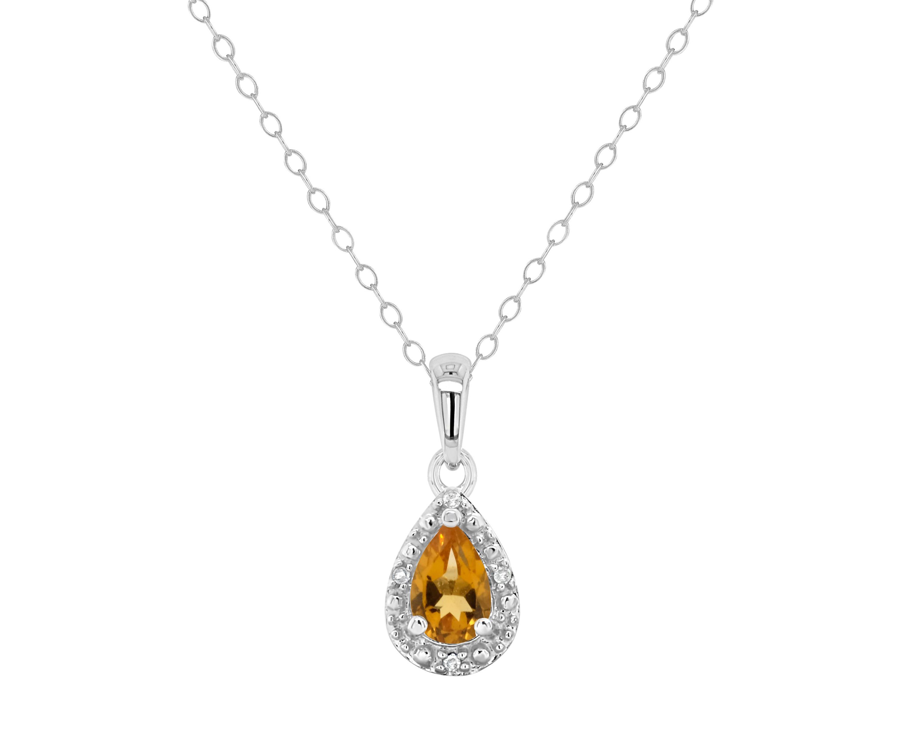 Sterling Silver 6x4mm Pear Shaped Citrine Diamond Accent Halo Pendant Necklace