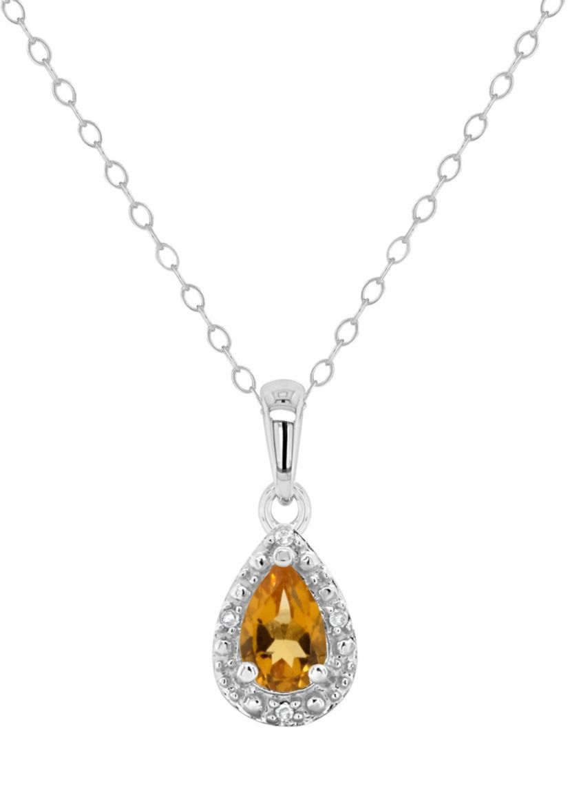Sterling Silver 6x4mm Pear Shaped Citrine Diamond Accent Halo Pendant Necklace