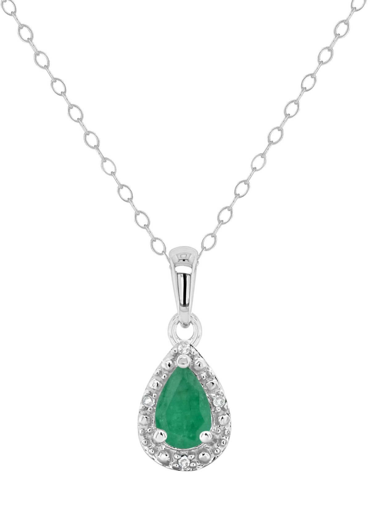 Sterling Silver 6x4mm Pear Shaped Emerald Diamond Accent Halo Pendant Necklace