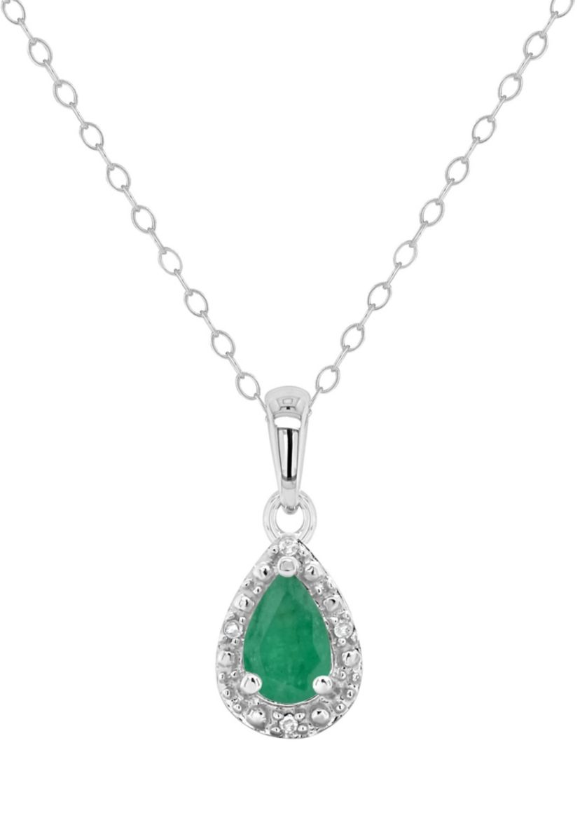 Sterling Silver 6x4mm Pear Shaped Emerald Diamond Accent Halo Pendant Necklace