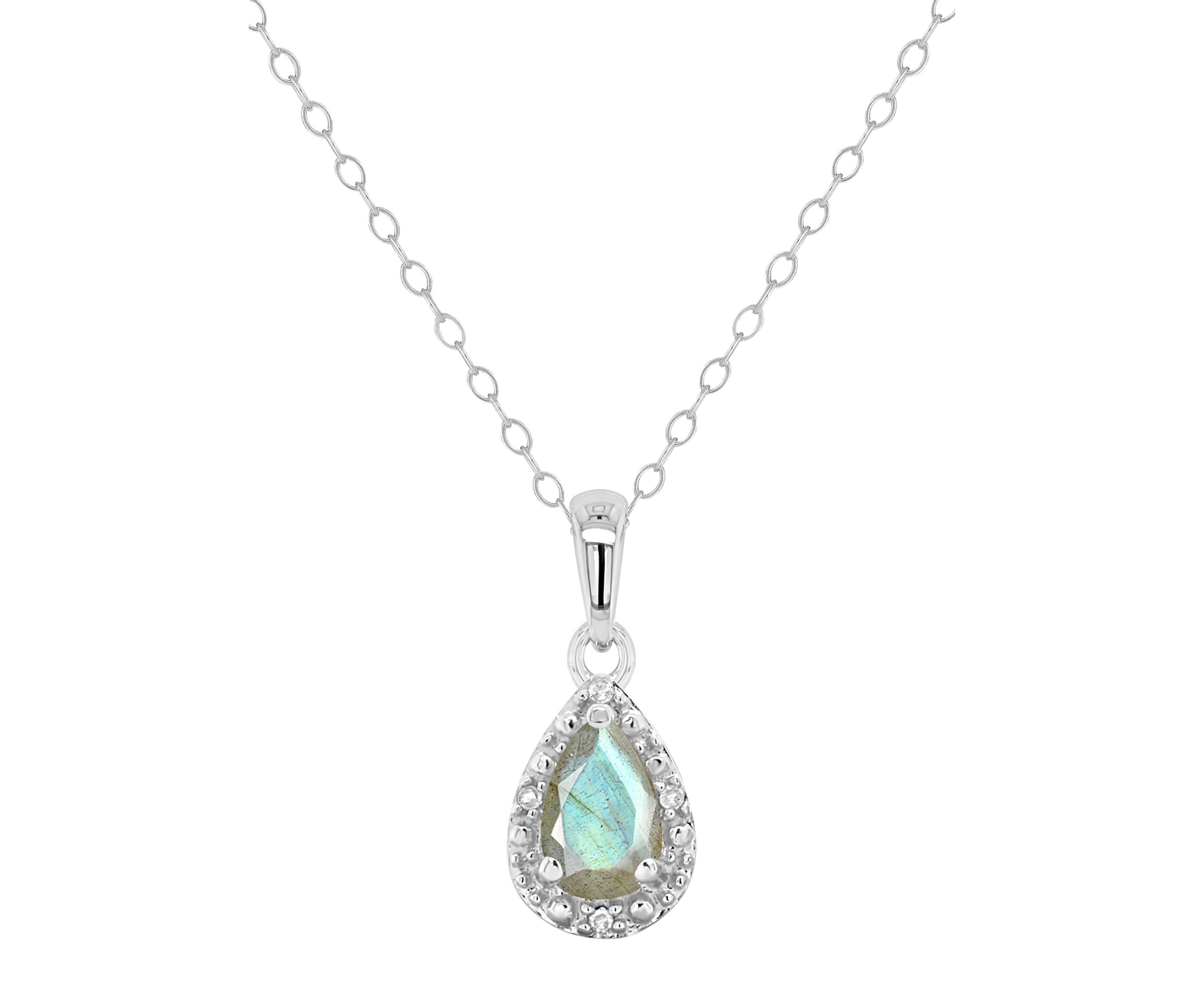 Sterling Silver 6x4mm Pear Shaped Labradorite Diamond Accent Halo Pendant Necklace