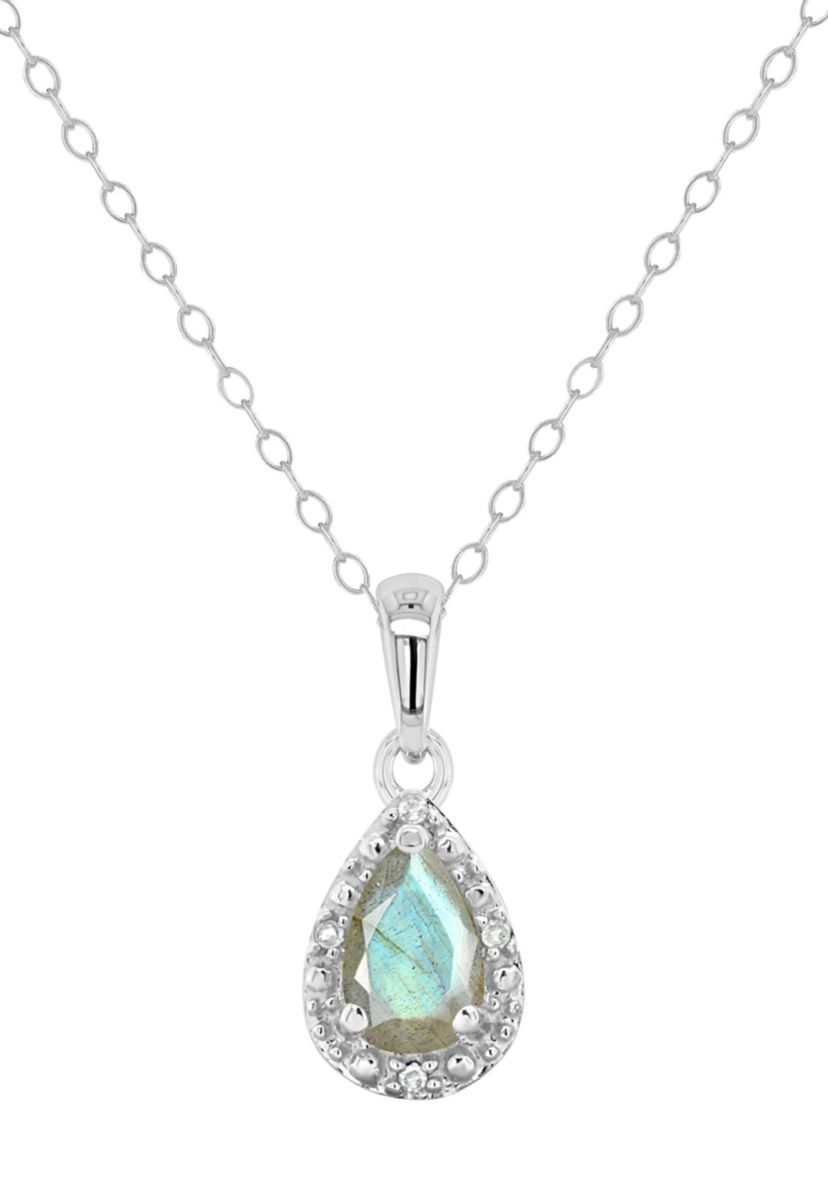 Sterling Silver 6x4mm Pear Shaped Labradorite Diamond Accent Halo Pendant Necklace