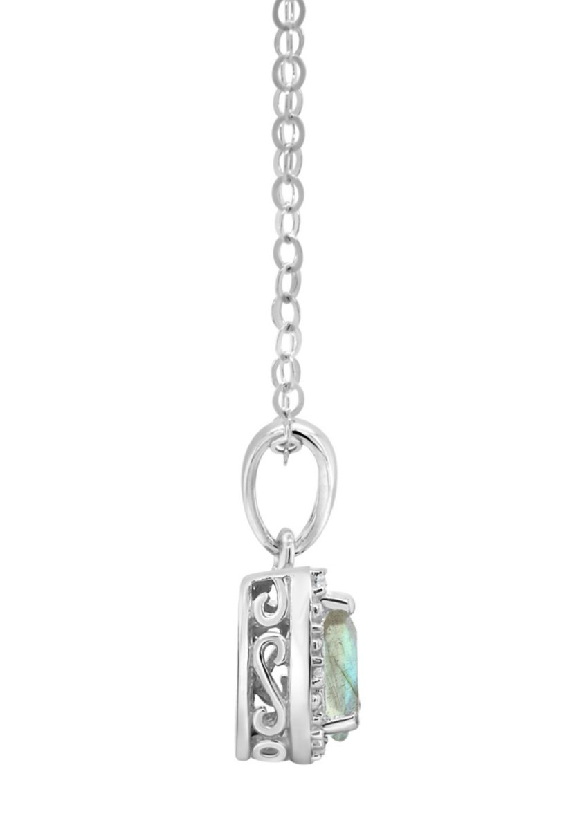 Sterling Silver 6x4mm Pear Shaped Labradorite Diamond Accent Halo Pendant Necklace