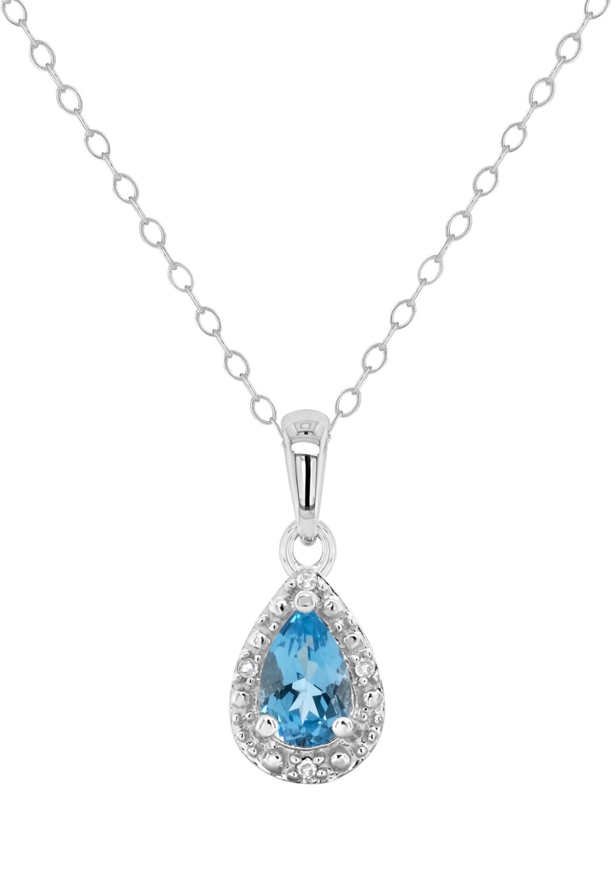 Sterling Silver 6x4mm Pear Shaped Blue Topaz Diamond Accent Halo Pendant Necklace