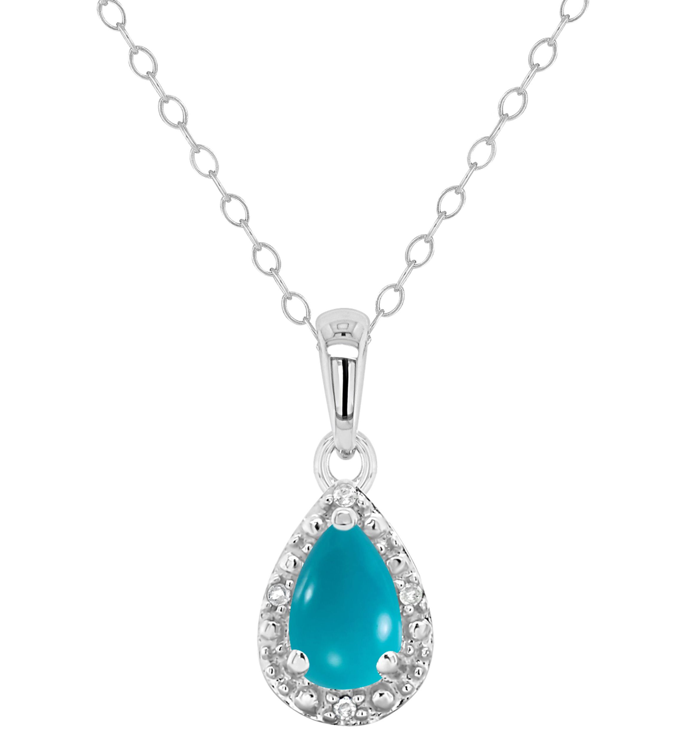 Sterling Silver 6x4mm Pear Shaped Turquoise Diamond Accent Halo Pendant Necklace