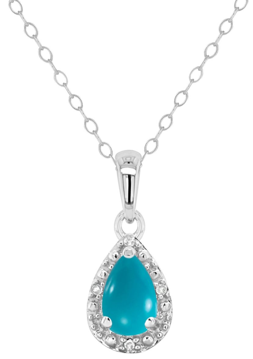Sterling Silver 6x4mm Pear Shaped Turquoise Diamond Accent Halo Pendant Necklace