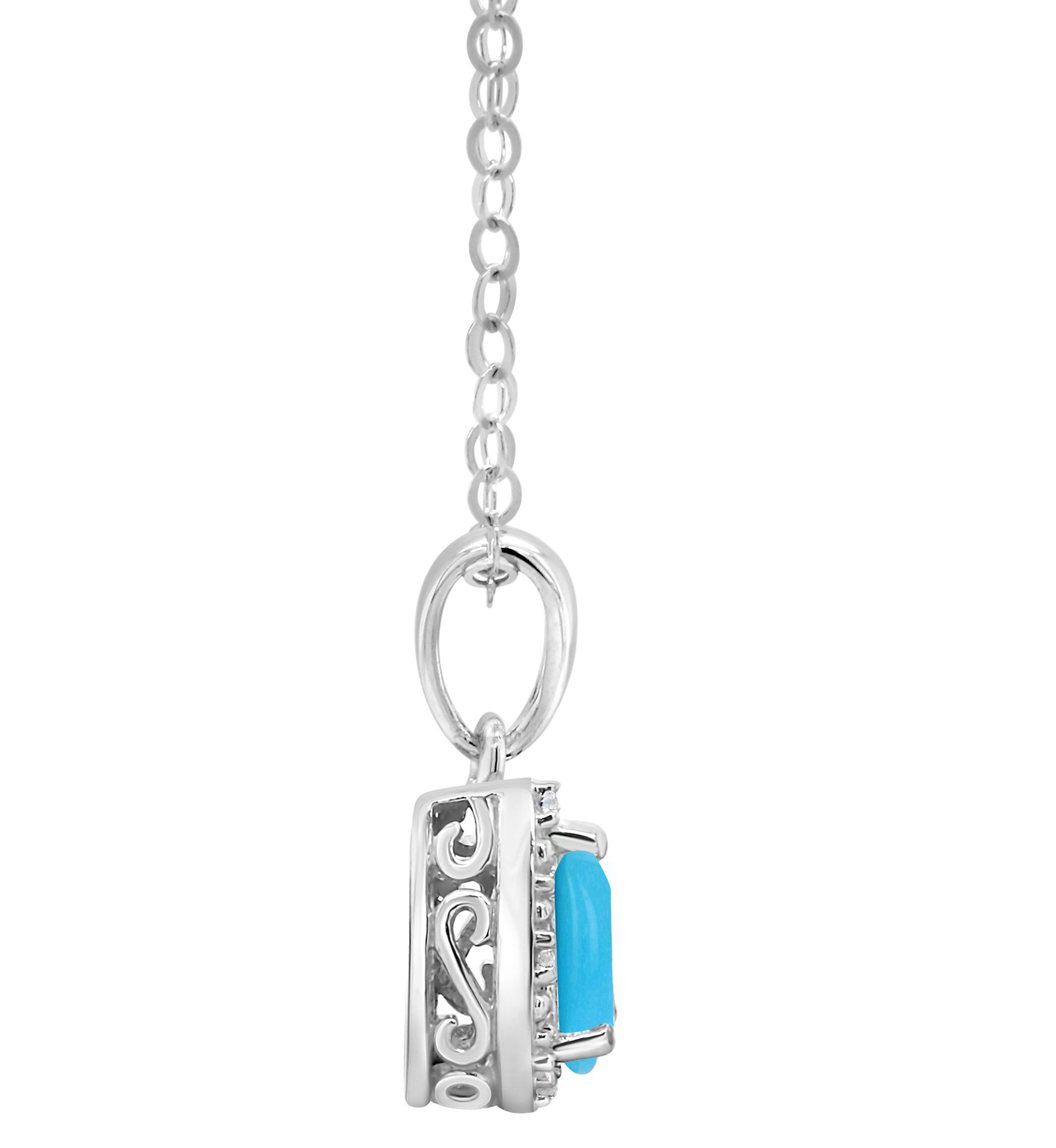 Sterling Silver 6x4mm Pear Shaped Turquoise Diamond Accent Halo Pendant Necklace