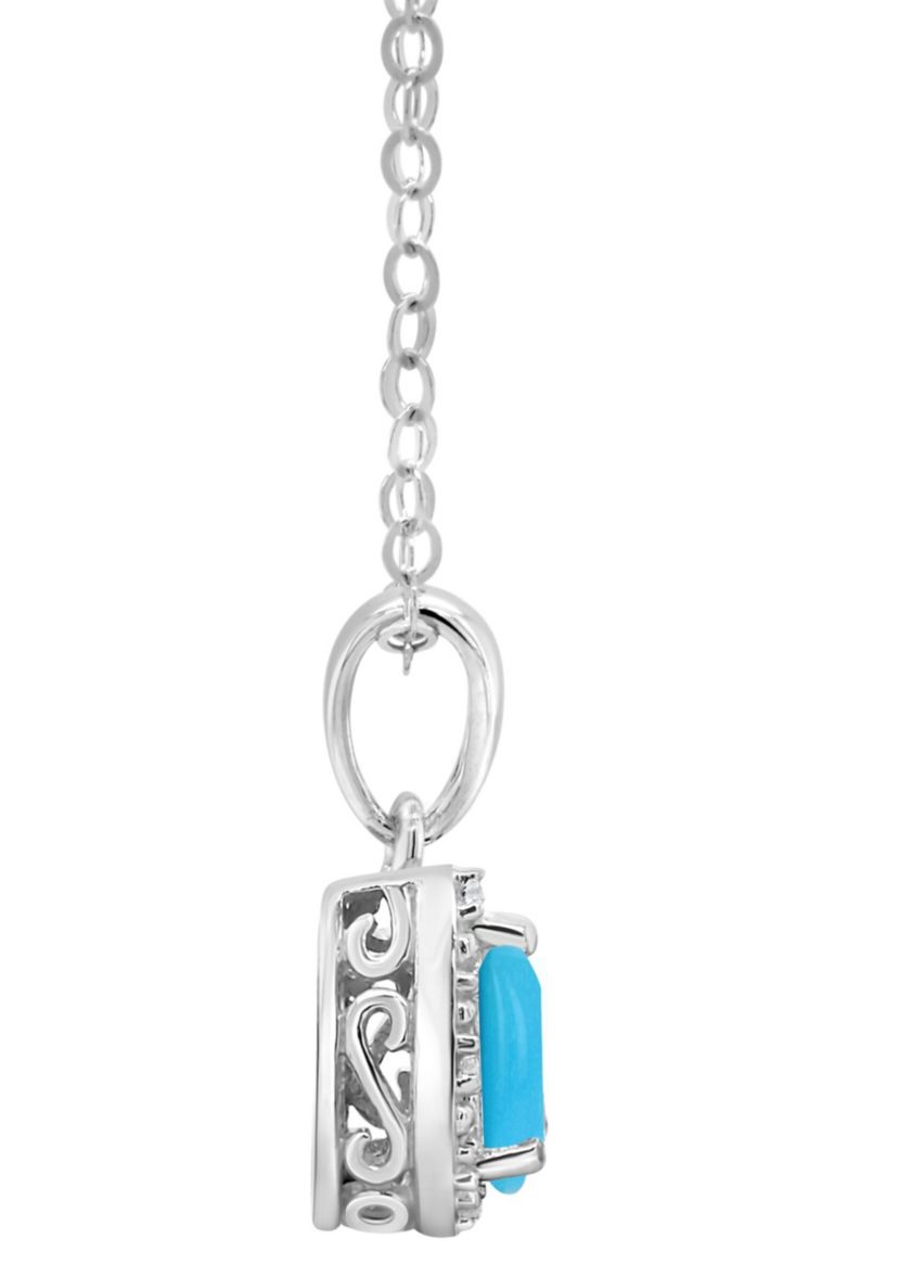 Sterling Silver 6x4mm Pear Shaped Turquoise Diamond Accent Halo Pendant Necklace