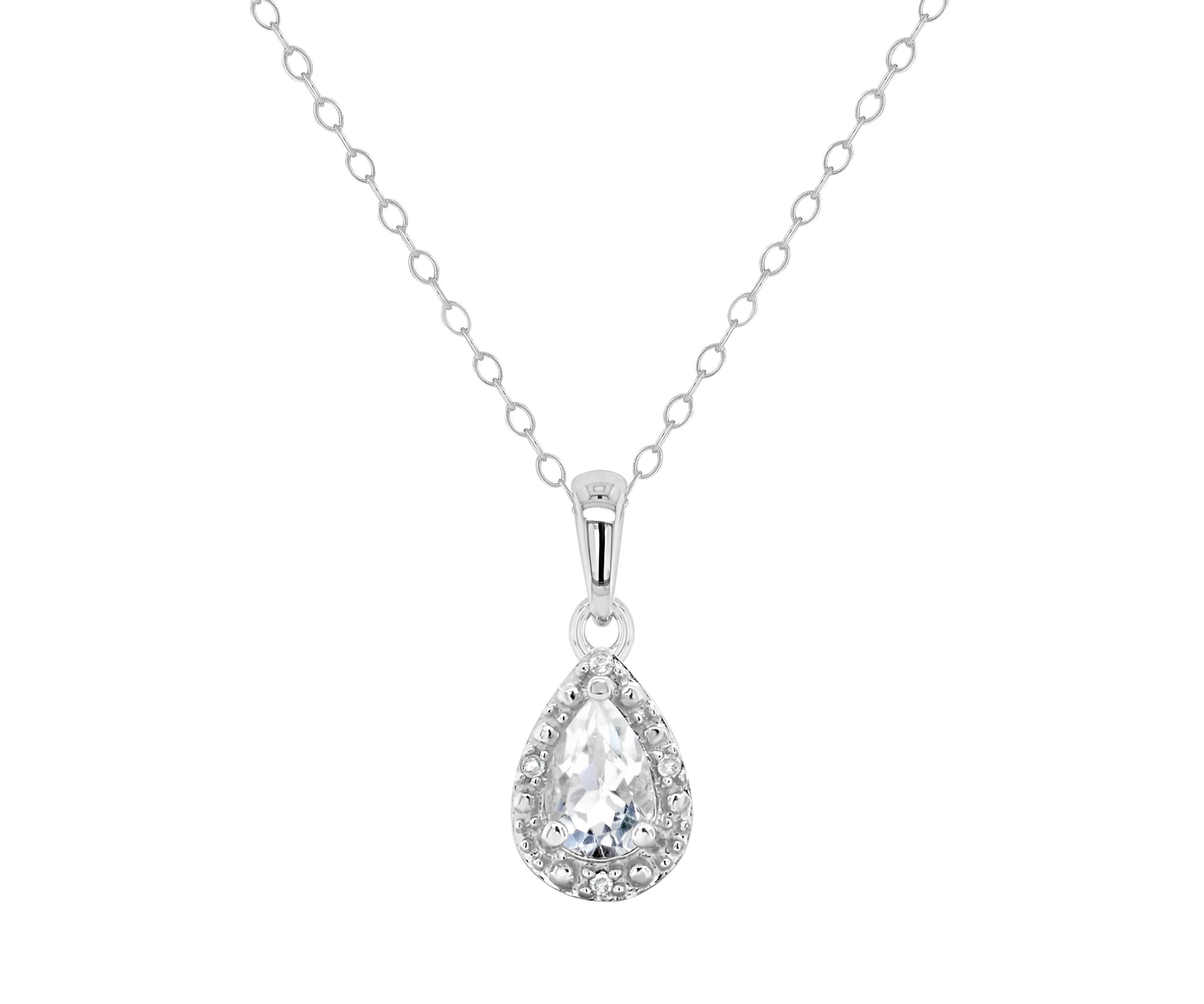 Sterling Silver 6x4mm Pear Shaped White Topaz Diamond Accent Halo Pendant Necklace