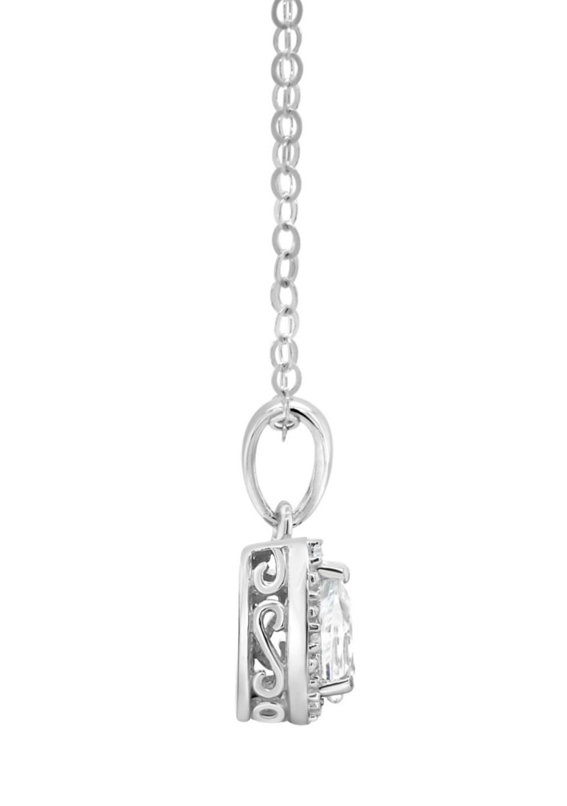 Sterling Silver 6x4mm Pear Shaped White Topaz Diamond Accent Halo Pendant Necklace