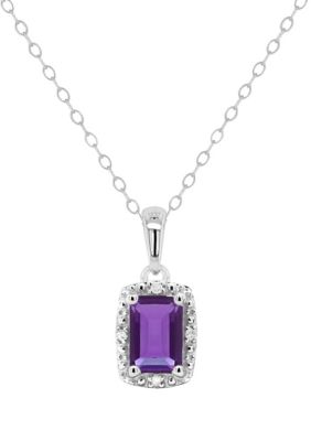 Belk & Co Sterling Silver 6x4mm Emerald Cut Gemstone Diamond Accent Halo Pendant Necklace