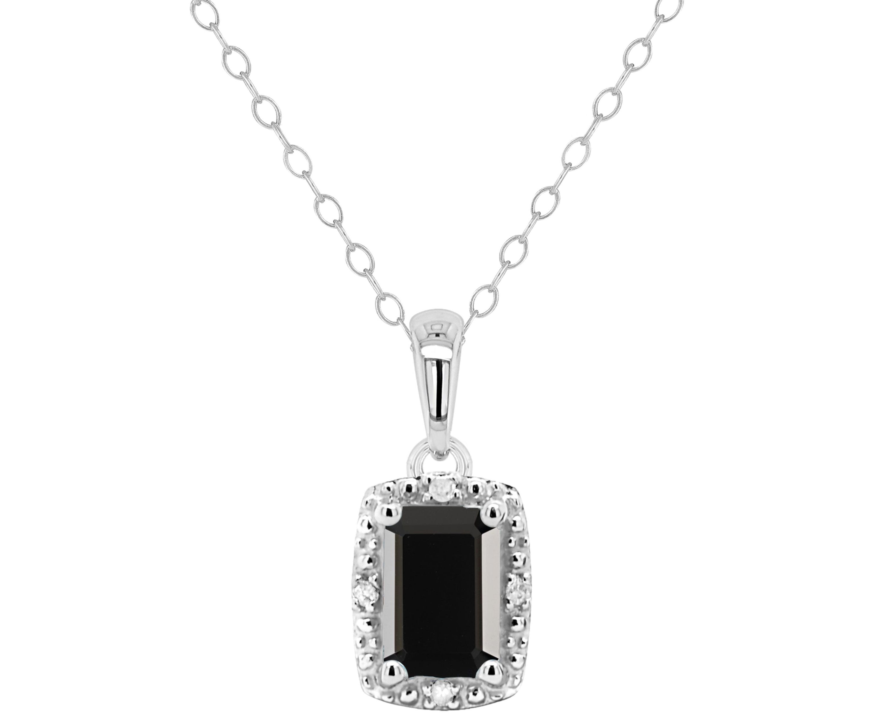 Sterling Silver 6x4mm Emerald Cut Black Agate Diamond Accent Halo Pendant Necklace