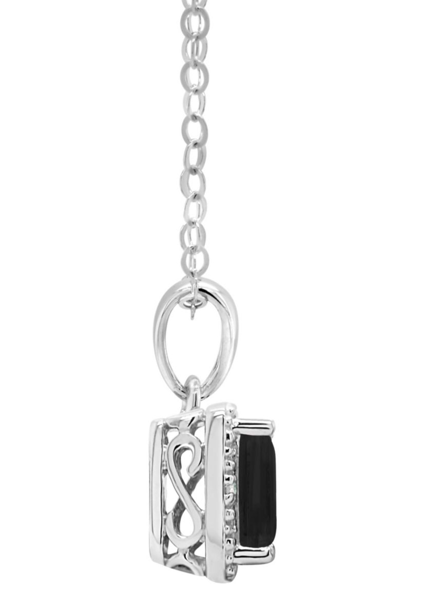 Sterling Silver 6x4mm Emerald Cut Black Agate Diamond Accent Halo Pendant Necklace