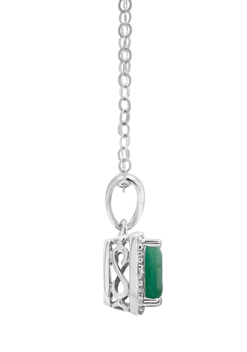 Sterling Silver 6x4mm Emerald Cut Emerald Diamond Accent Halo Pendant Necklace