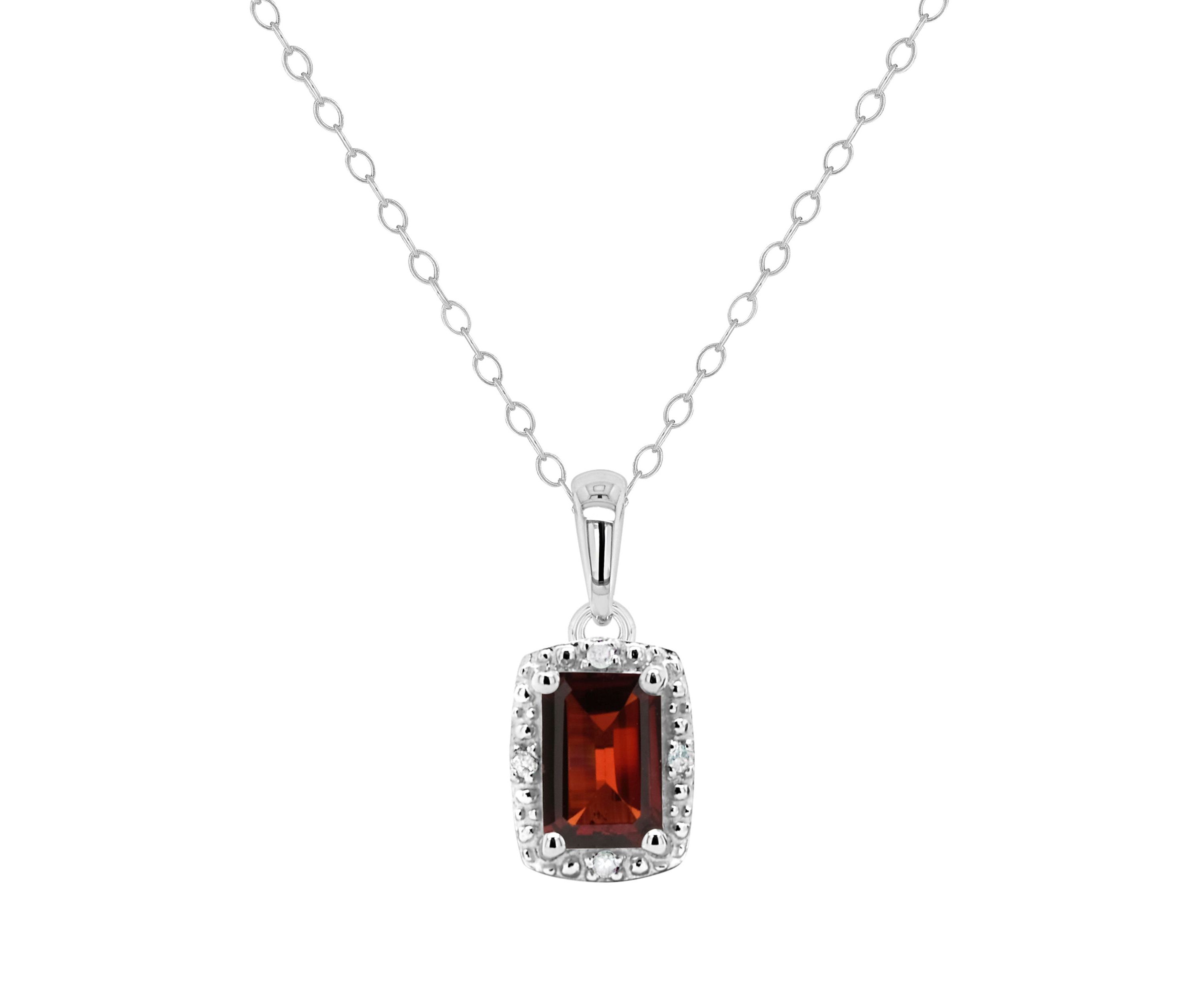 Sterling Silver 6x4mm Emerald Cut Garnet Diamond Accent Halo Pendant Necklace