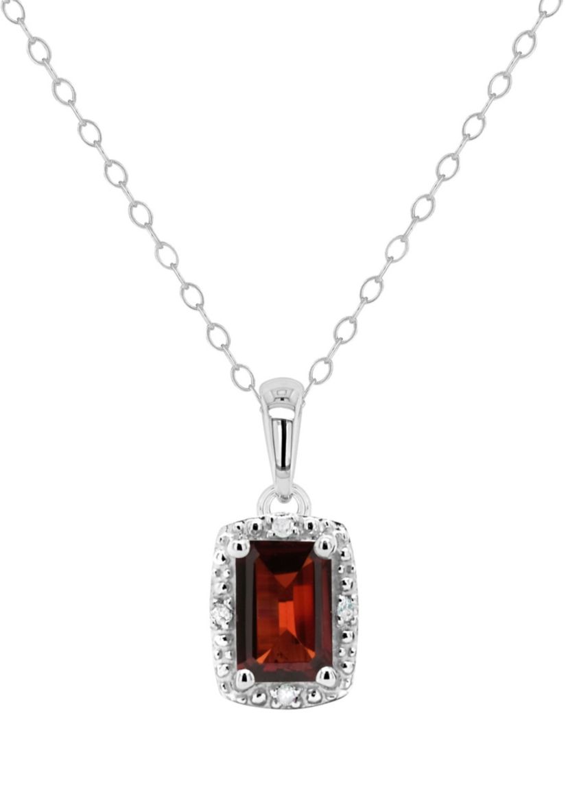 Sterling Silver 6x4mm Emerald Cut Garnet Diamond Accent Halo Pendant Necklace