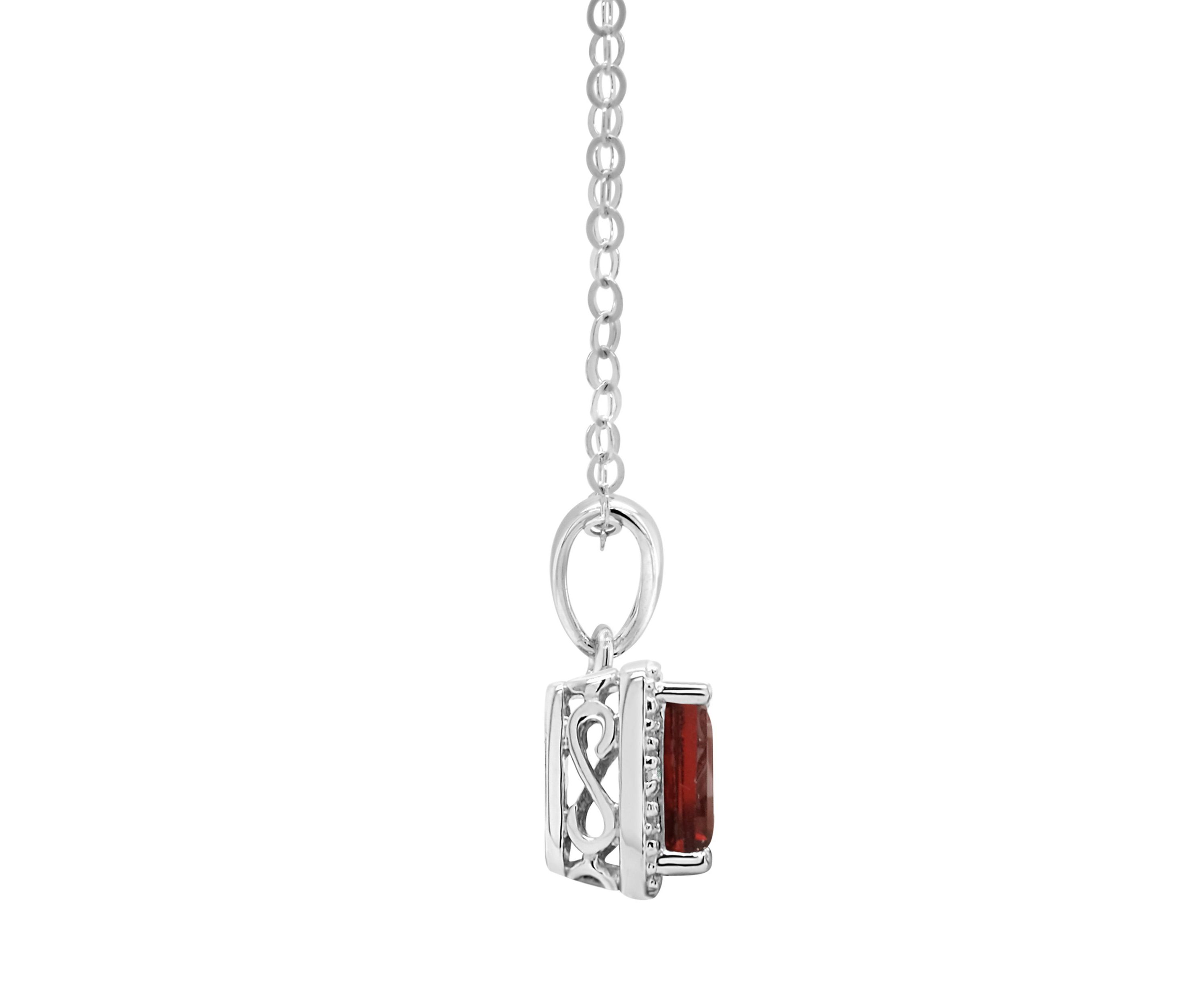 Sterling Silver 6x4mm Emerald Cut Garnet Diamond Accent Halo Pendant Necklace
