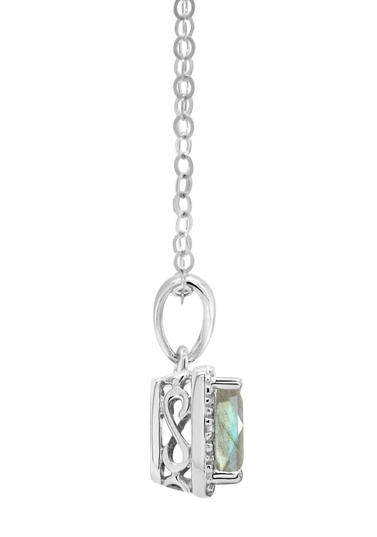 Sterling Silver 6x4mm Emerald Cut Labradorite Diamond Accent Halo Pendant Necklace