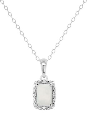 Belk & Co Sterling Silver 6X4Mm Emerald Cut Opal Diamond Accent Halo Pendant Necklace