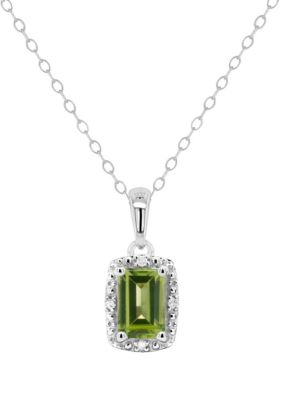 Belk & Co Sterling Silver 6X4Mm Emerald Cut Peridot Diamond Accent Halo Pendant Necklace