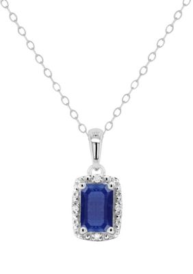 Belk & Co Sterling Silver 6X4Mm Emerald Cut Sapphire Diamond Accent Halo Pendant Necklace
