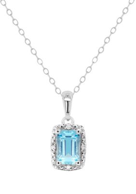 Belk & Co Sterling Silver 6X4Mm Emerald Cut Blue Topaz Diamond Accent Halo Pendant Necklace