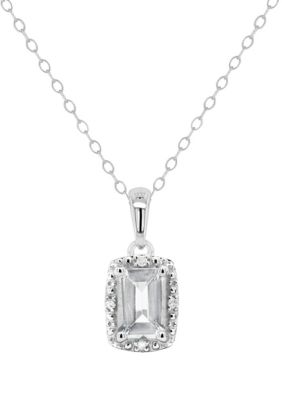 Belk & Co Sterling Silver 6x4mm Emerald Cut Gemstone Diamond Accent Halo Pendant Necklace, White