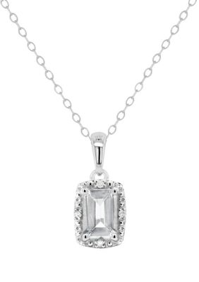 Belk & Co Sterling Silver 6X4Mm Emerald Cut White Topaz Diamond Accent Halo Pendant Necklace