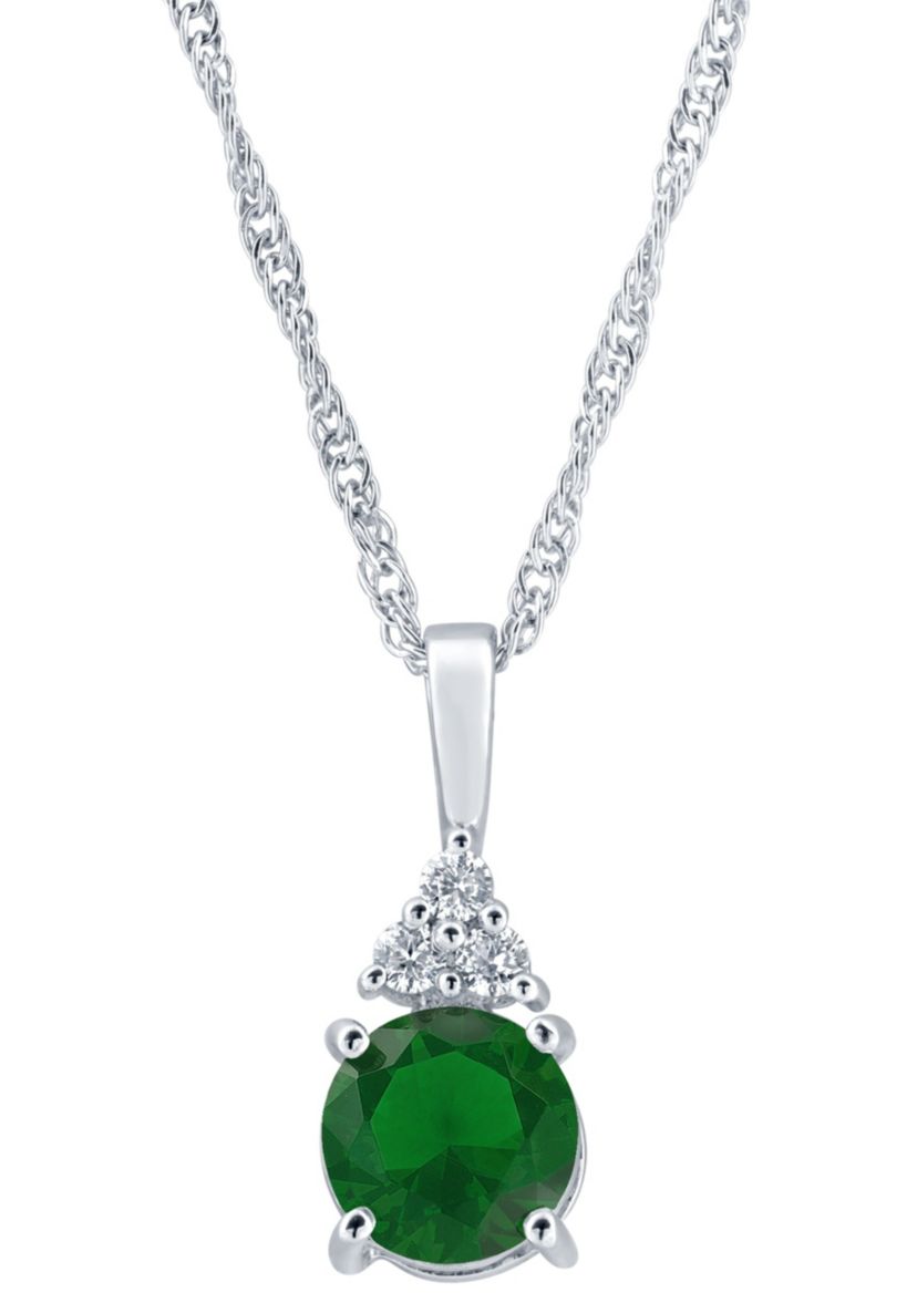 Lab Created Sterling Silver 7mm Round Simulated Emerald And Created White Sapphire Pendant Necklace