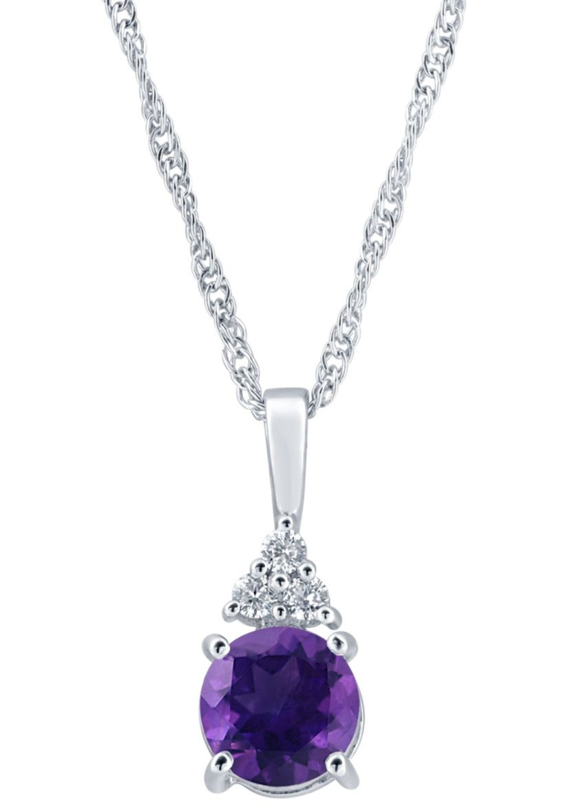 Sterling Silver 7mm Round Amethyst And Created White Sapphire Pendant Necklace