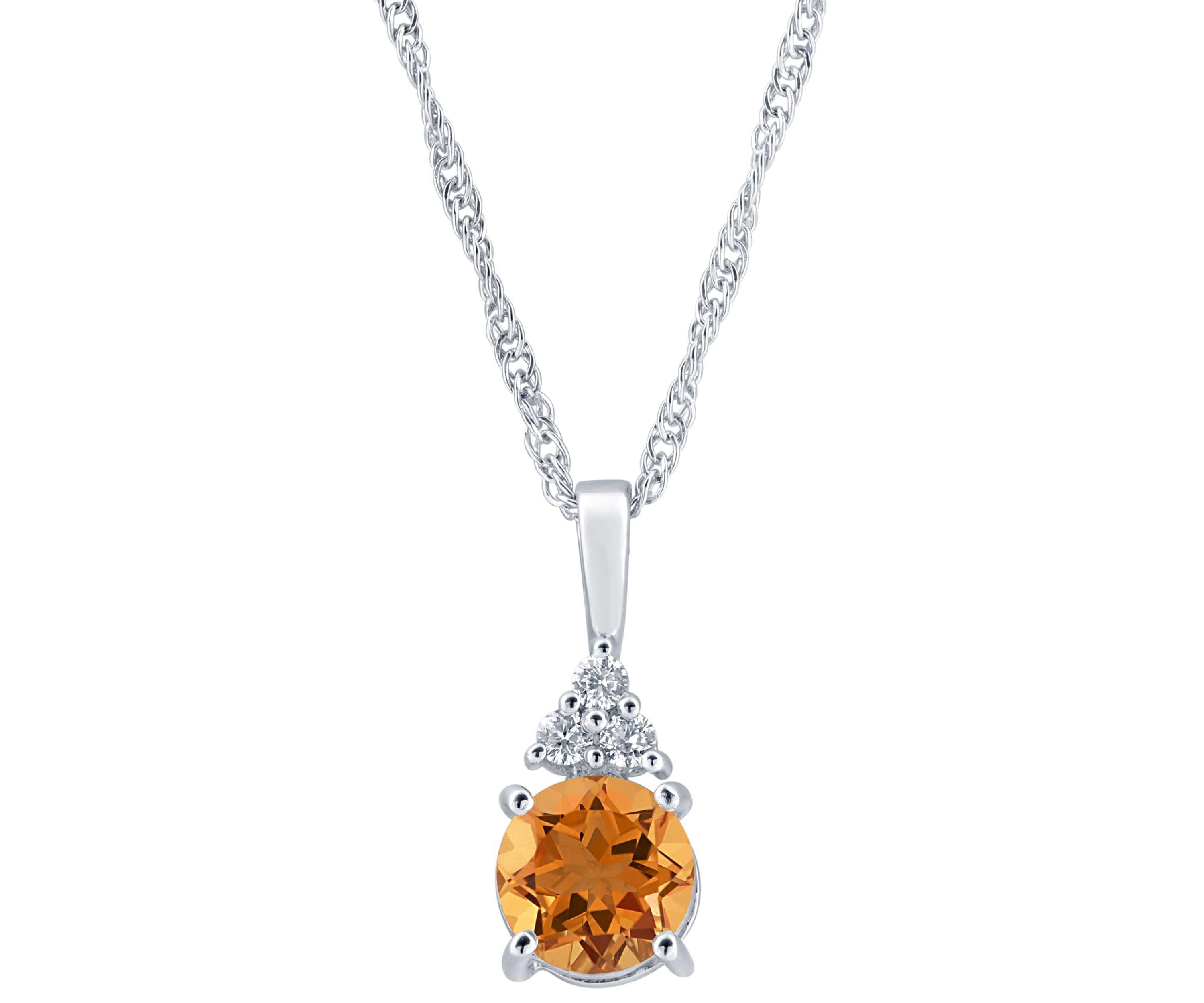 Sterling Silver 7mm Round Citrine And Created White Sapphire Pendant Necklace