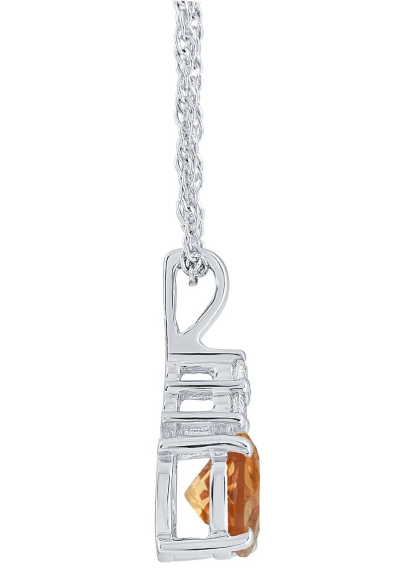 Sterling Silver 7mm Round Citrine And Created White Sapphire Pendant Necklace