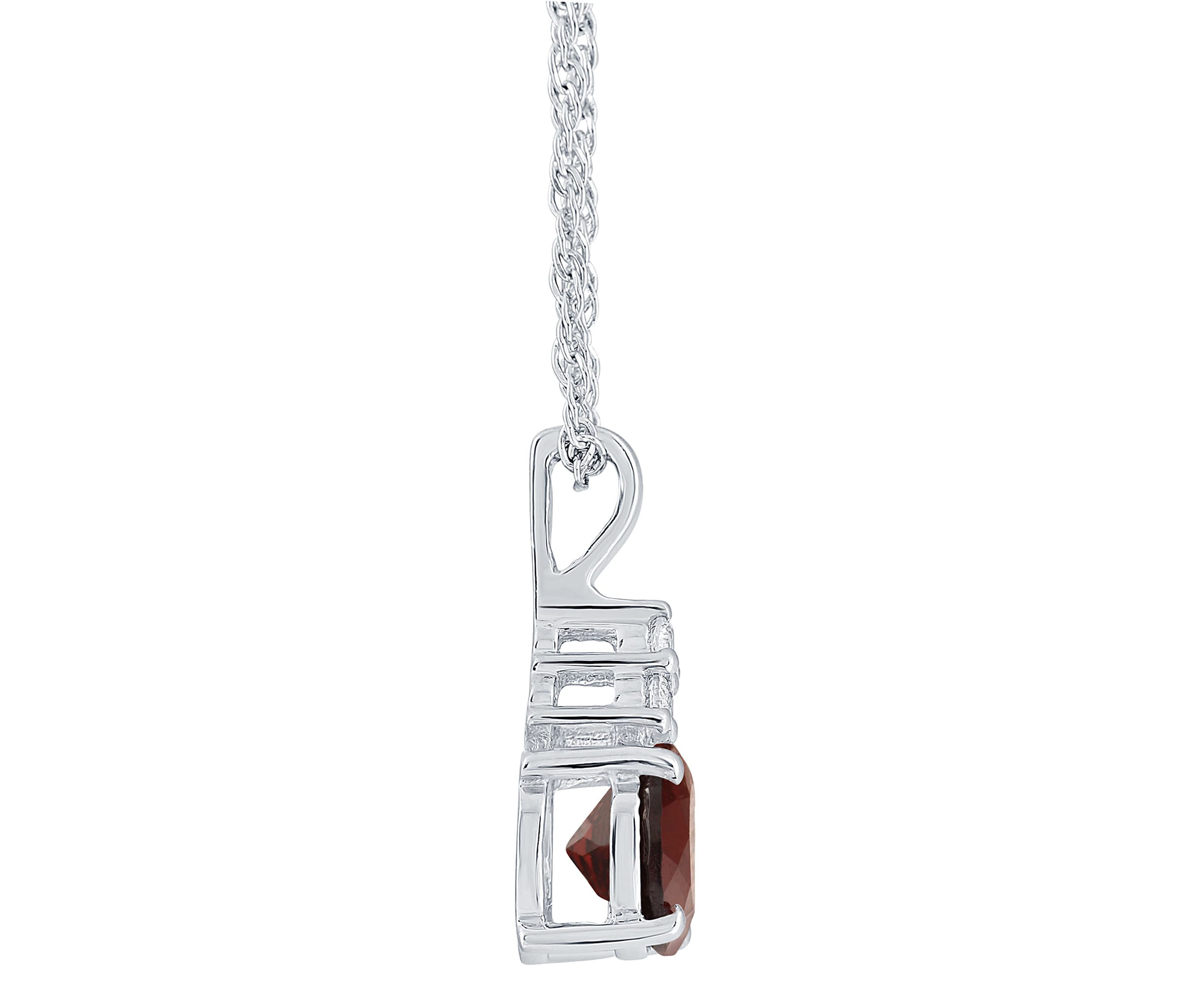 Sterling Silver 7mm Round Garnet And Created White Sapphire Pendant Necklace