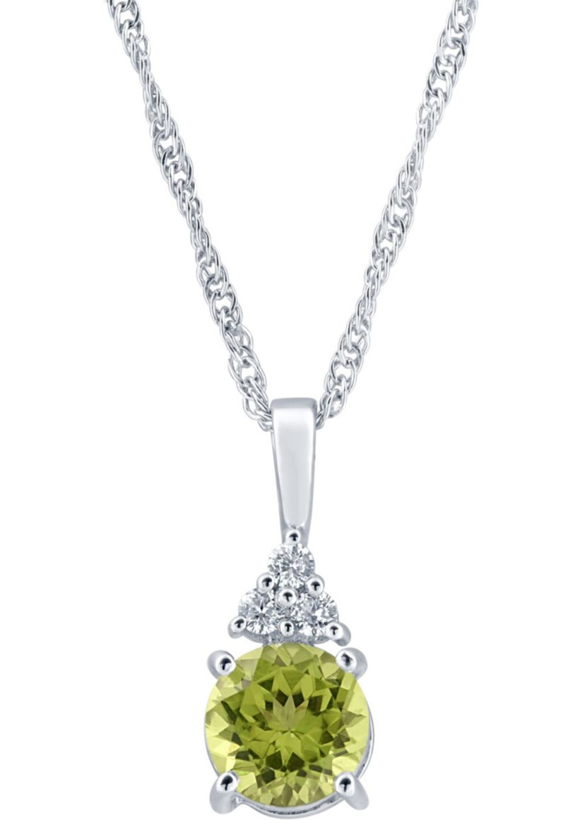 Sterling Silver 7mm Round Peridot And Created White Sapphire Pendant Necklace
