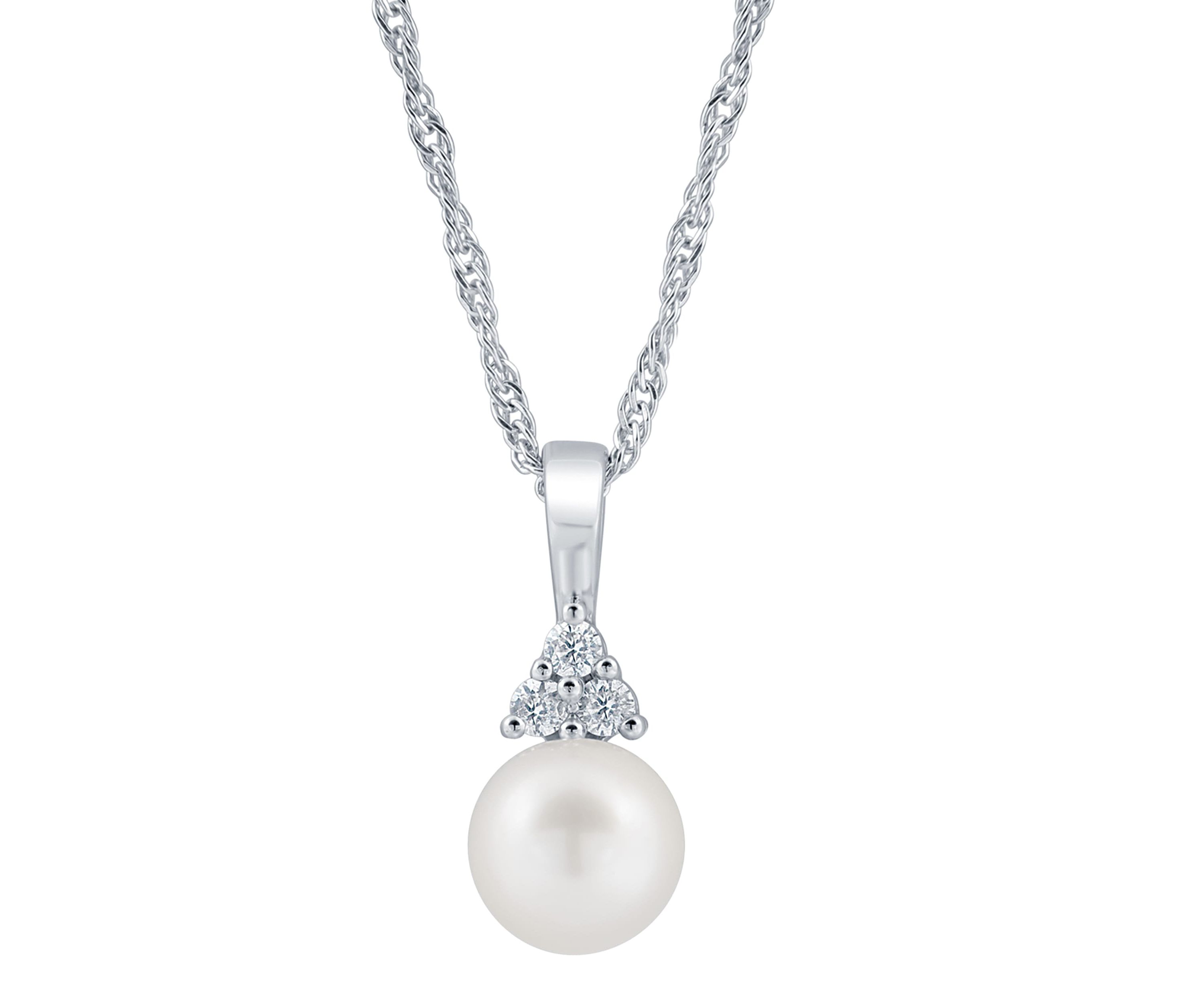 Sterling Silver 7mm Round Pearl And Created White Sapphire Pendant Necklace
