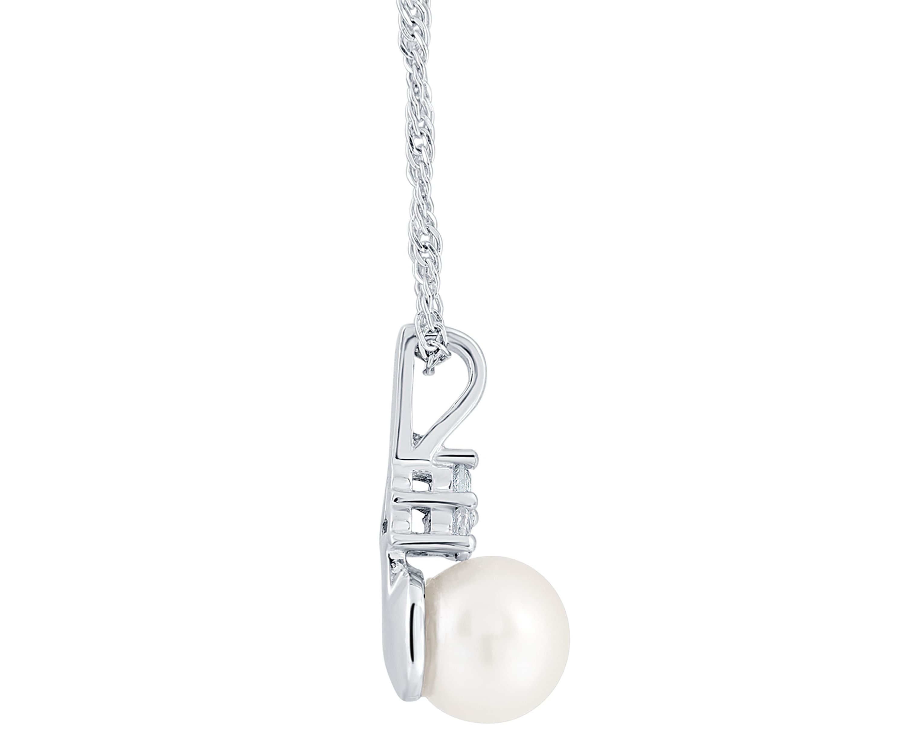 Sterling Silver 7mm Round Pearl And Created White Sapphire Pendant Necklace