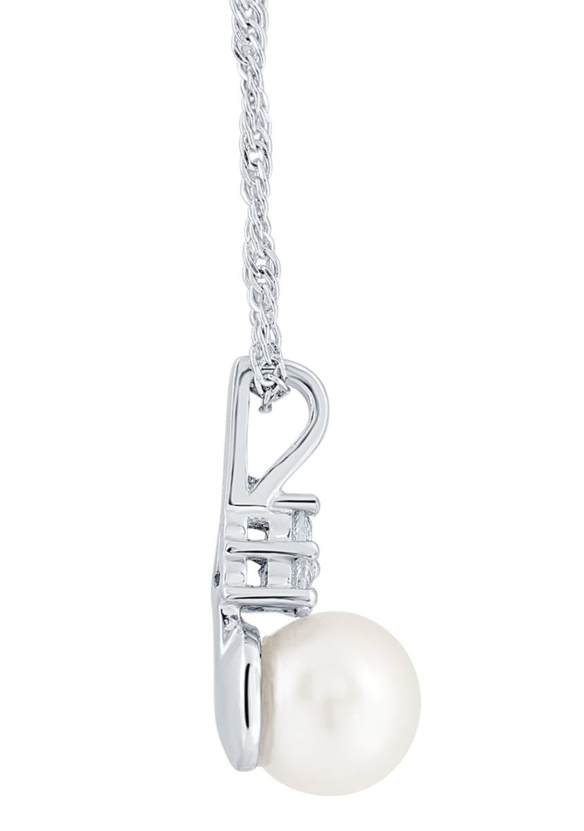 Sterling Silver 7mm Round Pearl And Created White Sapphire Pendant Necklace