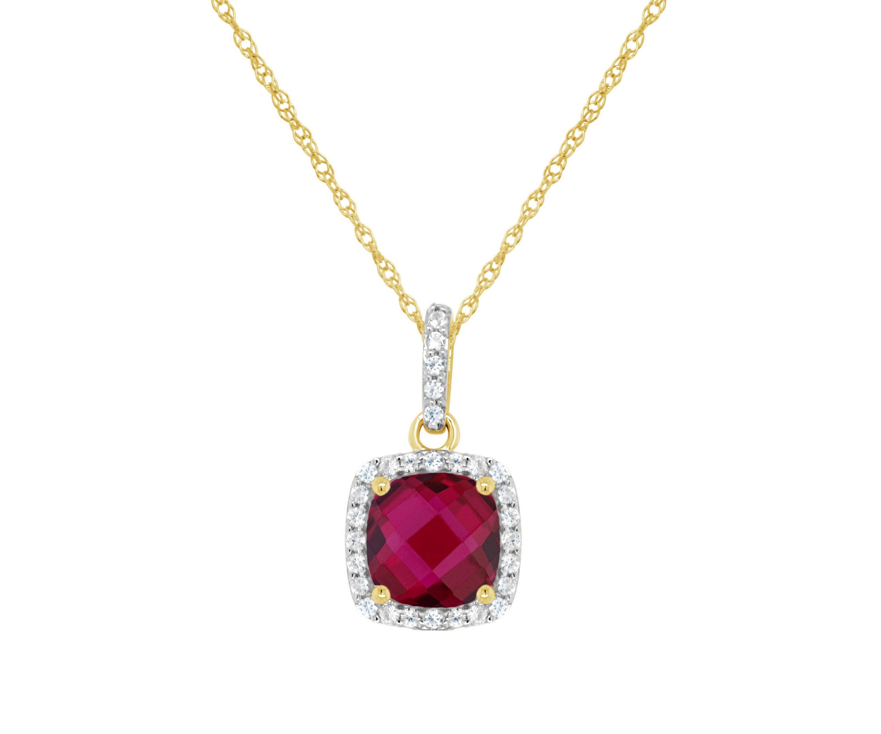 Lab Created 10K Yellow Gold 7mm Cushion Created Ruby And Created White Sapphire Halo Pendant Necklace