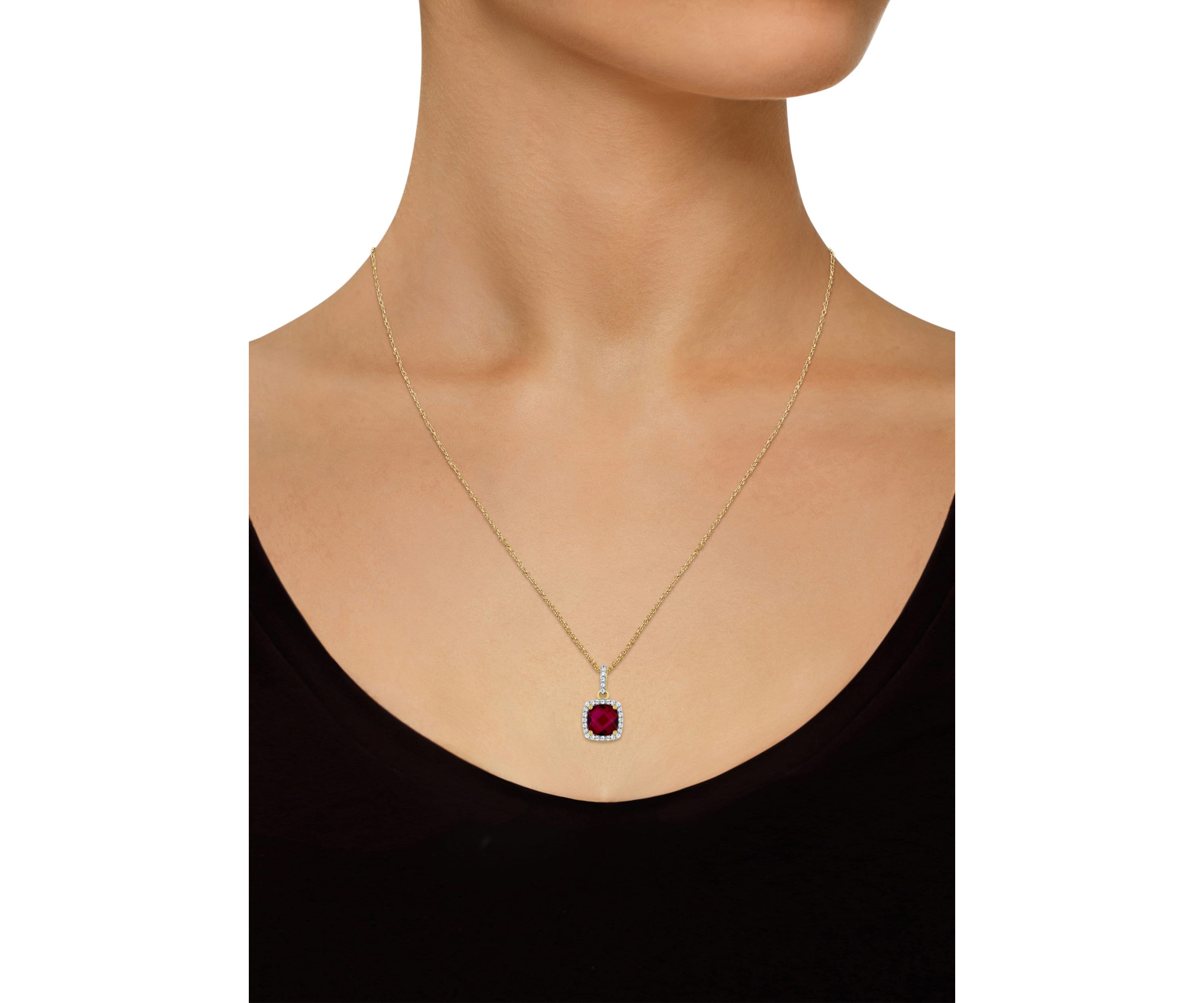Lab Created 10K Yellow Gold 7mm Cushion Created Ruby And Created White Sapphire Halo Pendant Necklace