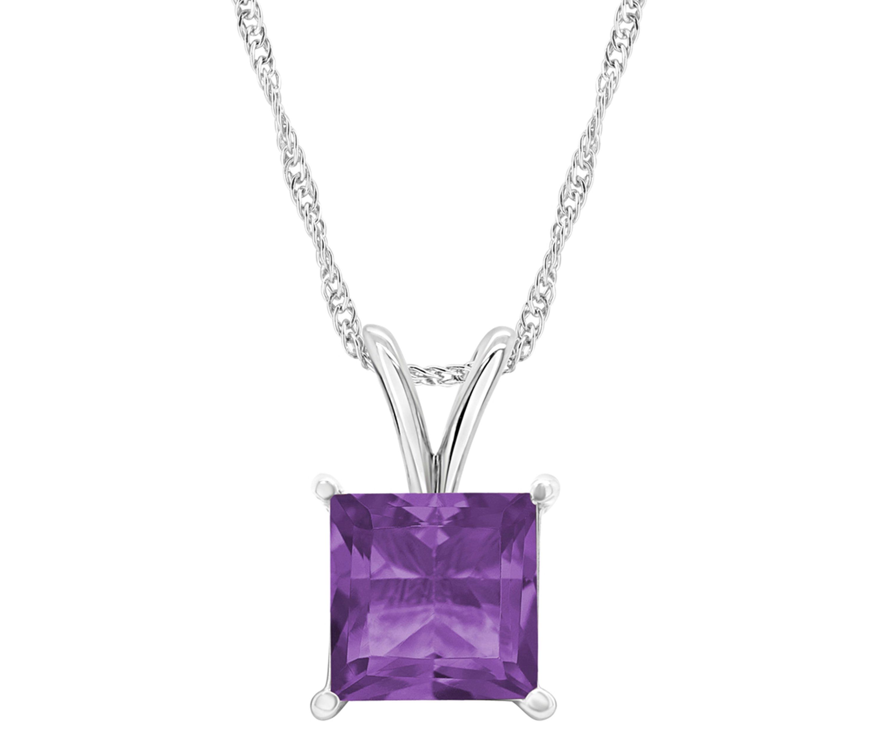 Sterling Silver 8mm Princess Cut Amethyst Pendant Necklace