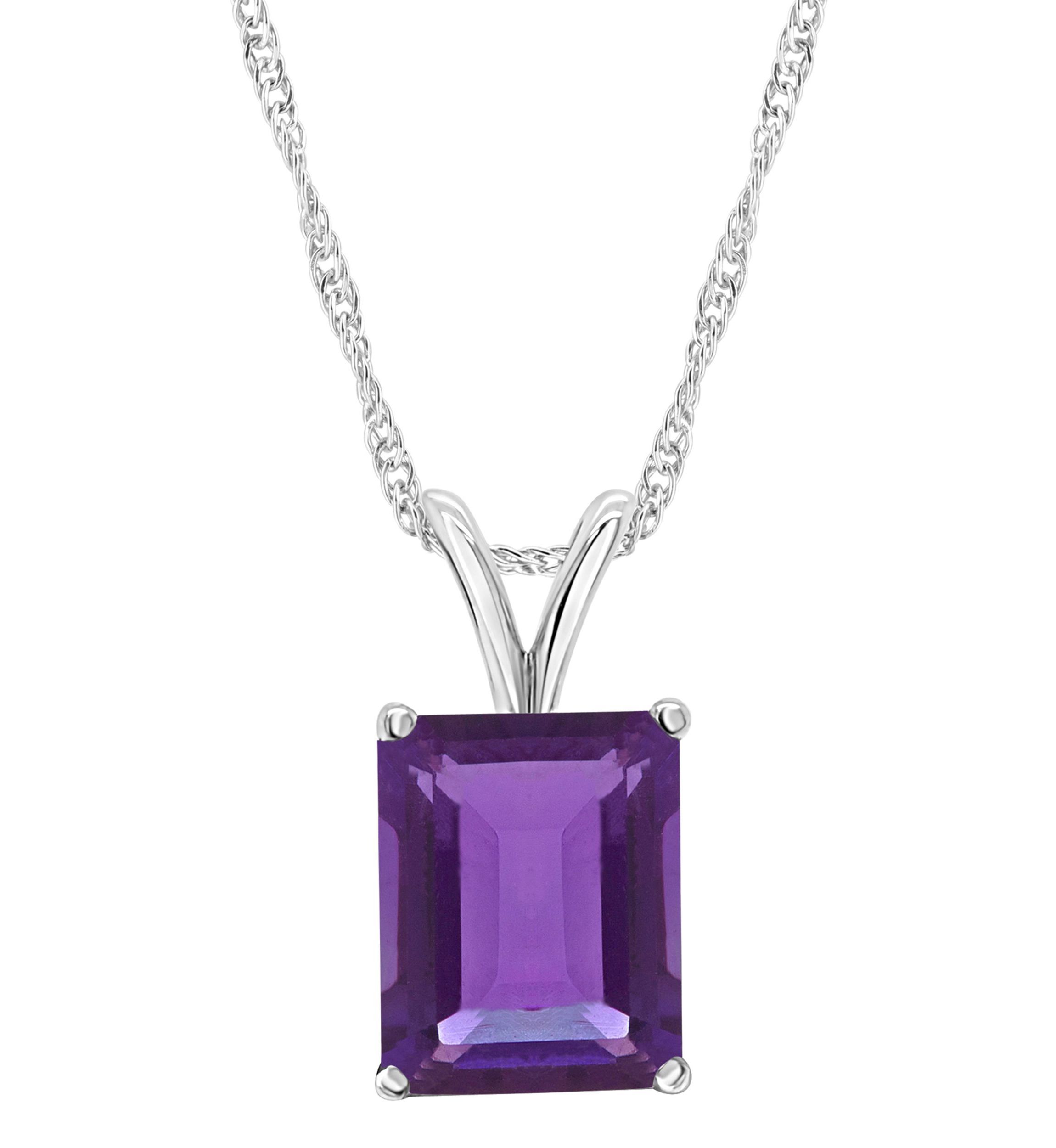 Sterling Silver 10x8mm Emerald Cut Amethyst Pendant Necklace