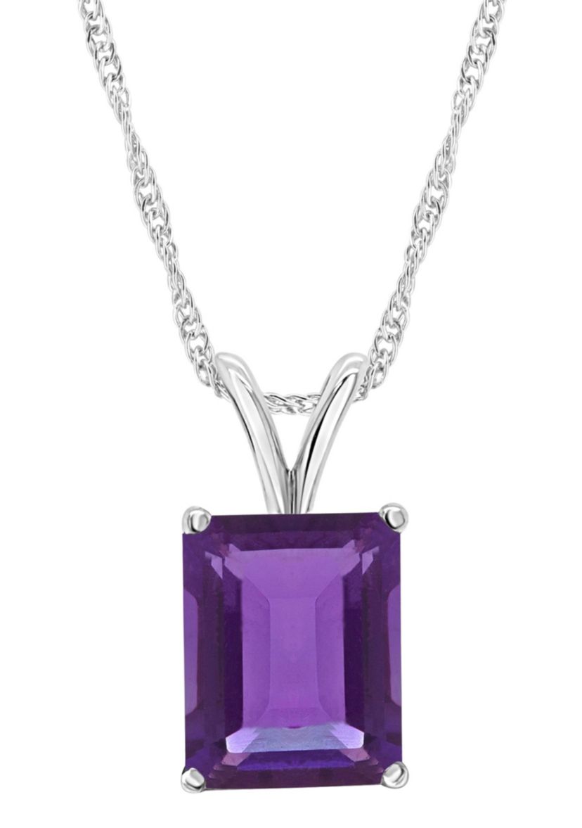 Sterling Silver 10x8mm Emerald Cut Amethyst Pendant Necklace