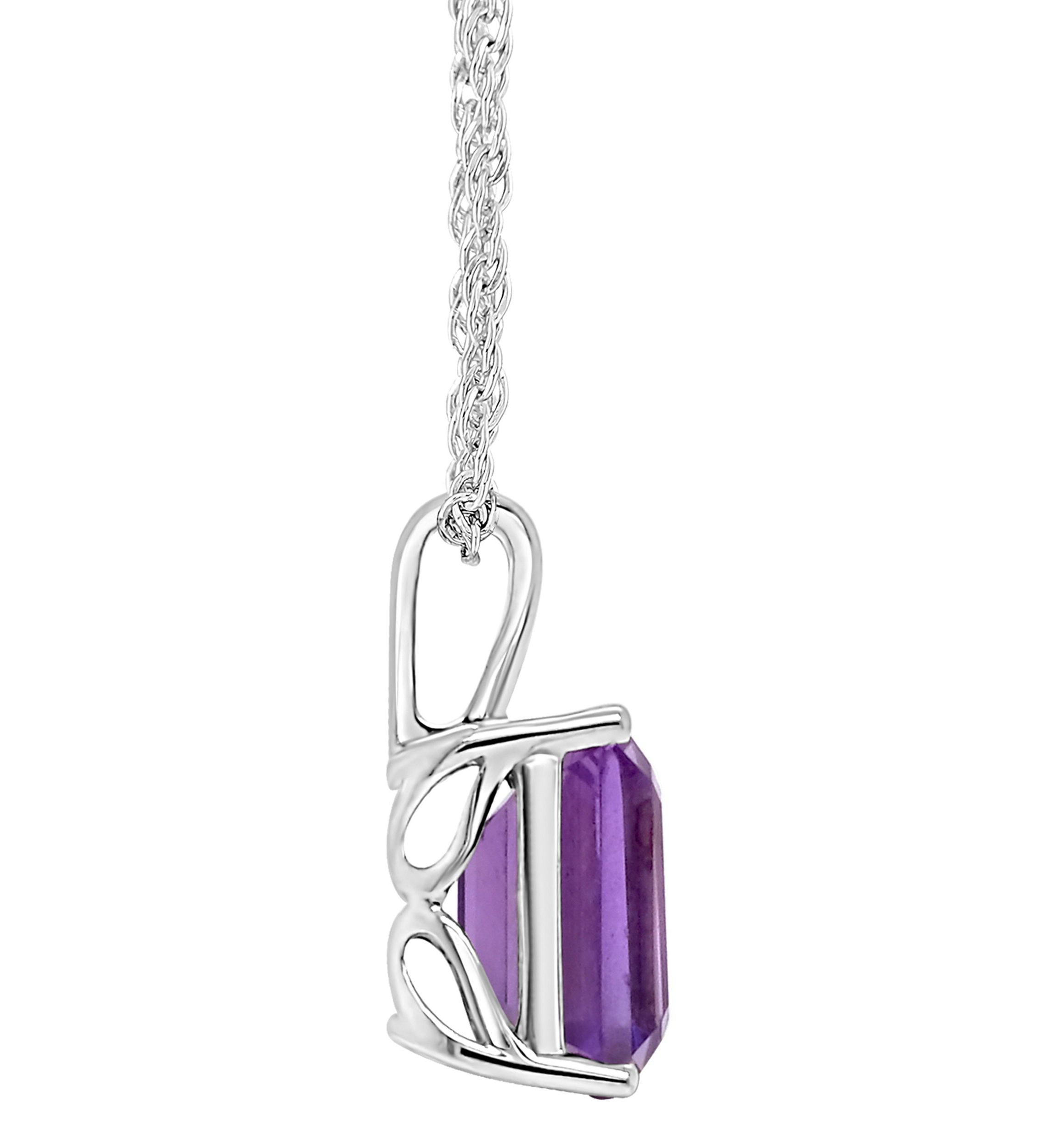 Sterling Silver 10x8mm Emerald Cut Amethyst Pendant Necklace