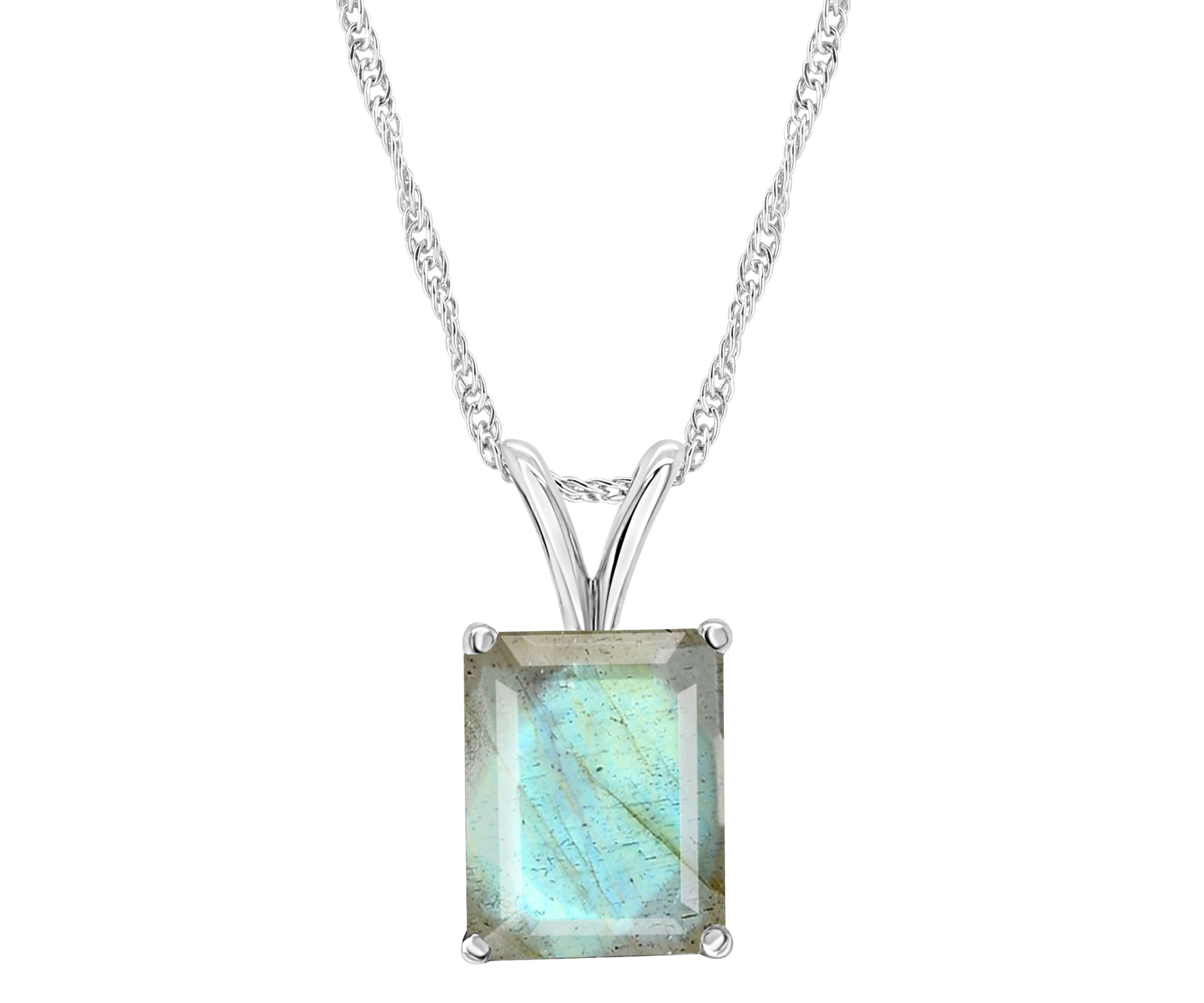 Sterling Silver 10x8mm Emerald Cut Labradorite Pendant Necklace