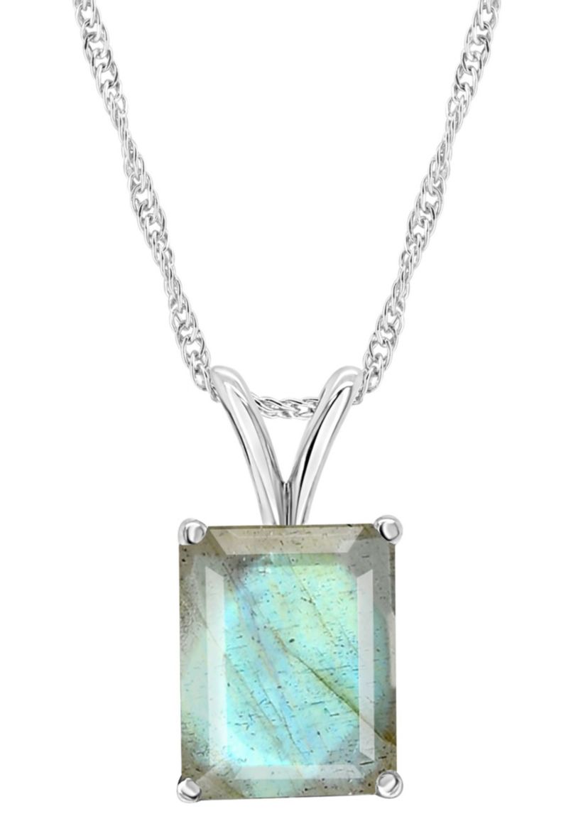 Sterling Silver 10x8mm Emerald Cut Labradorite Pendant Necklace