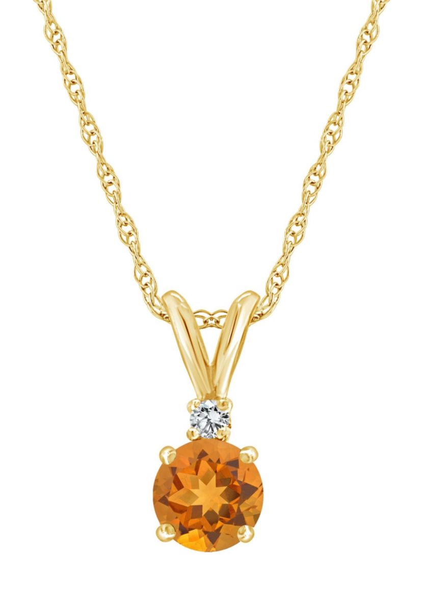 14K Gold 6mm Round Citrine Diamond Accent Pendant