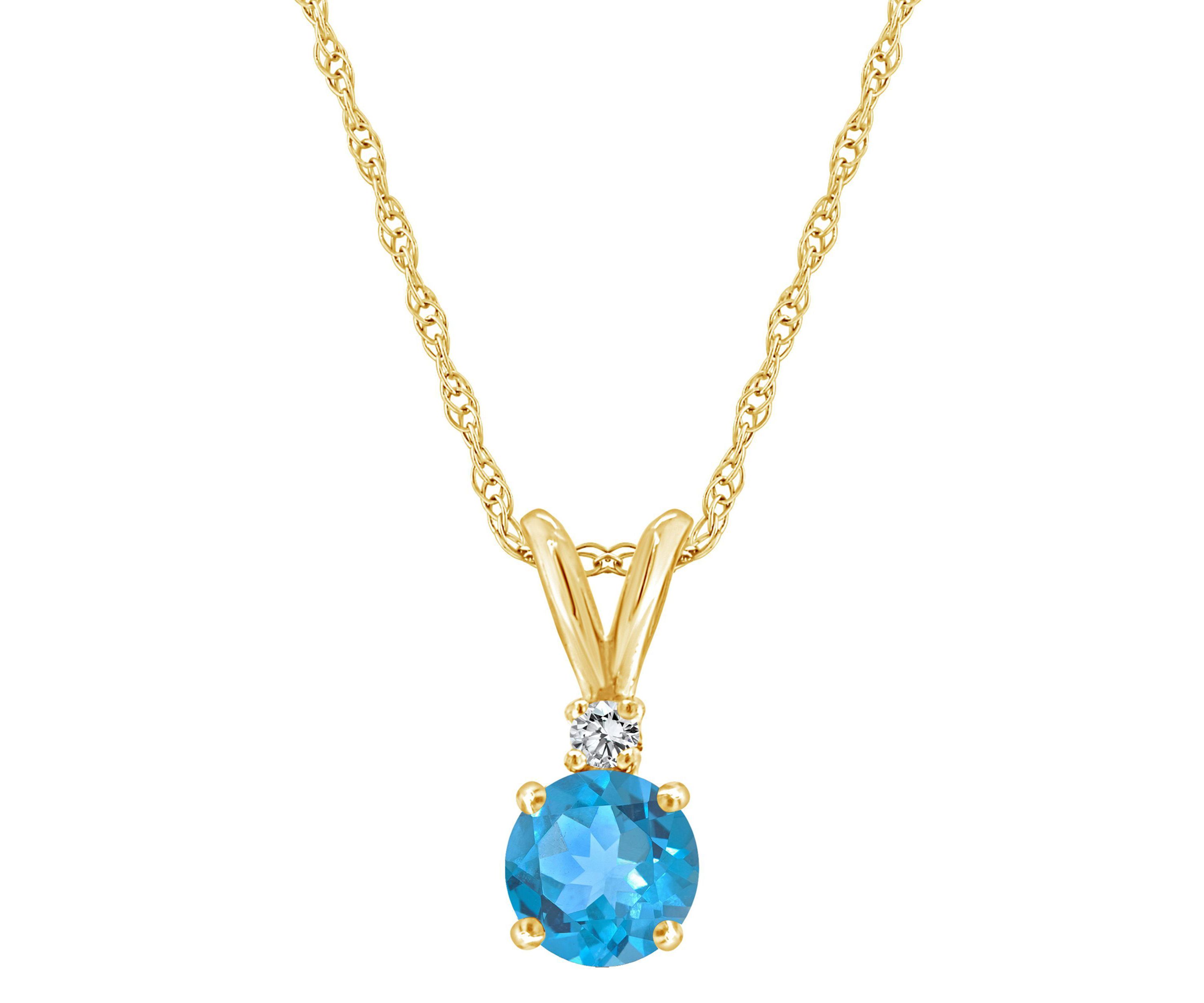 14K Gold 6mm Round Blue Topaz Diamond Accent Pendant